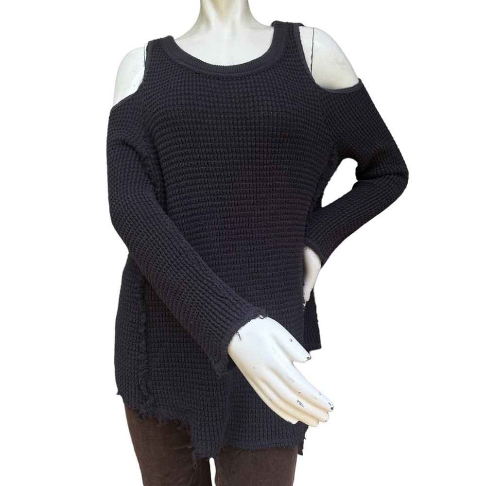 Free People Dark Gray Chunky Knit Oversized Cold Shoulder Raw Hem Sweater Small